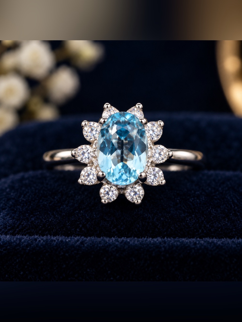 Vintage 14K Stamped White Gold-Plated Blue Glass CZ Engagement Halo Ring Size 7